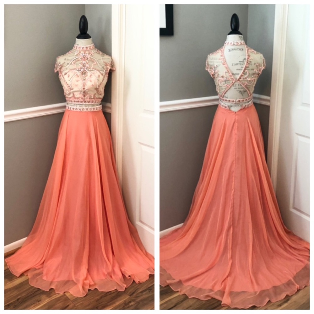 🔴CLEARANCE NEW RACHEL ALLEN SZ 4 CORAL TWO PIECE BEADED ILLUSION CHIFFON GOWN
